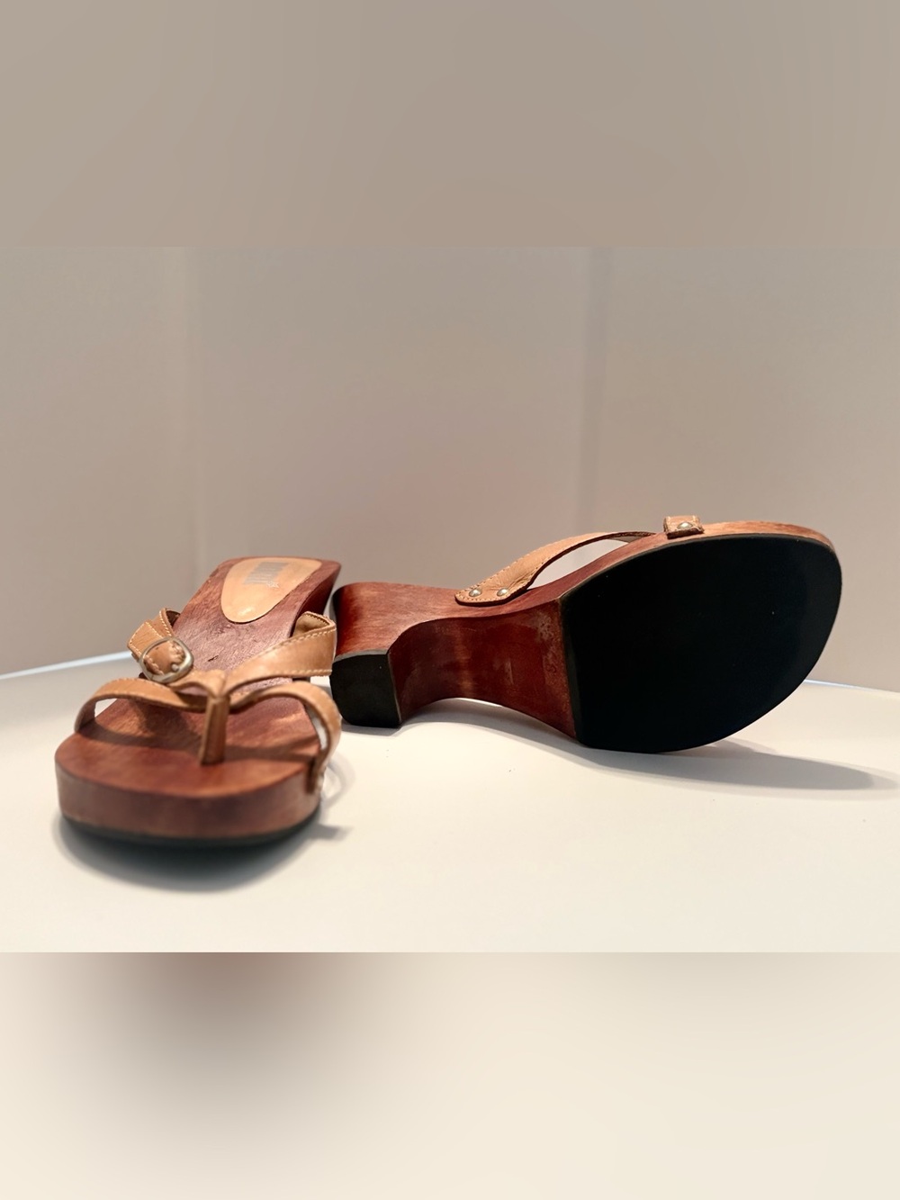 Tan Leather Wood-Heel Sandal - Women's Slip-On Heels - Picture 3 of 3